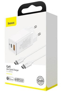 Зар.пр. 220V Baseus GaN mini Q.Charger 45W C+U with cable Type-C CCGAN-Q02 White
