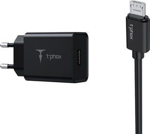 Зар.пр. 220V T-PHOX Mini 12W 2.4A + Micro Cable 1.2m Black